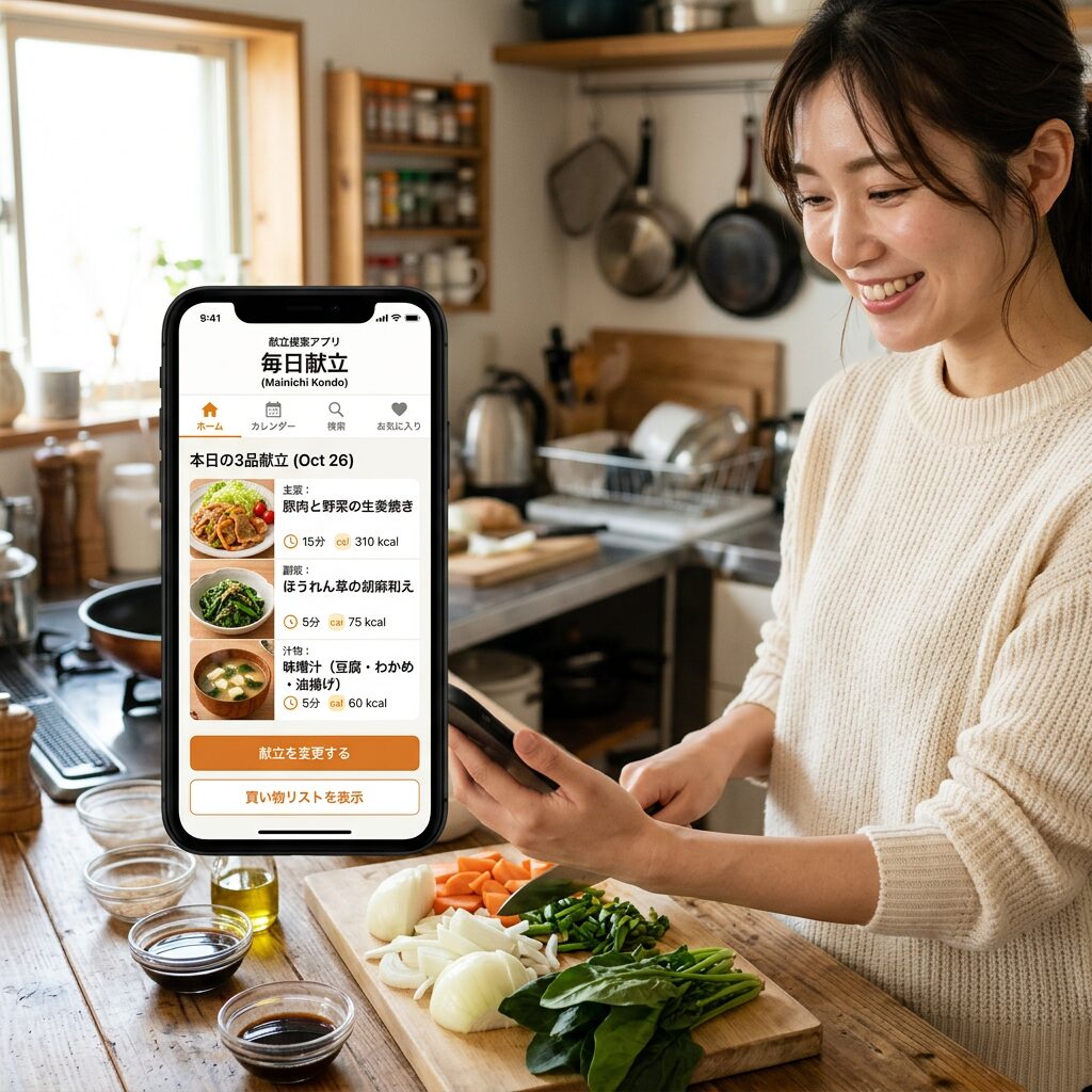 Woman preparing vegetables in kitchen while viewing meal planning app on smartphone